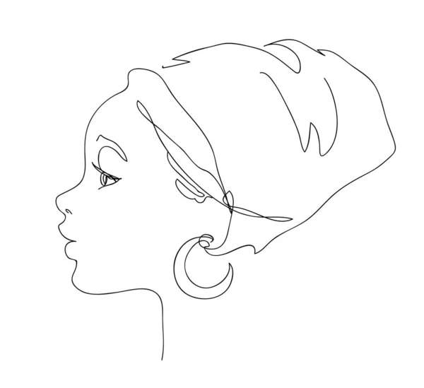 Silueta de cara de mujer joven africana en retrato de tocado nacional. Estilo de dibujo de línea continua. Logo esquema ilustración vectorial de chica bonita. Blanco y negro dibujado a mano arte de línea . — Vector de stock