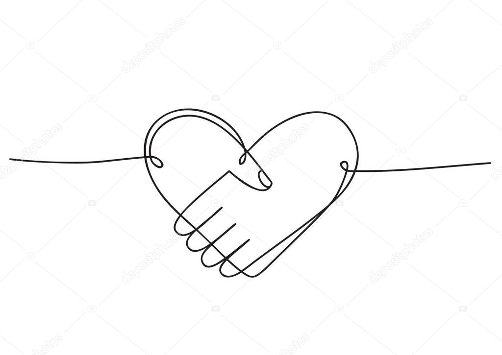 Heart of handshake as friendship and love icon. Continuous line art drawing. Hand drawn doodle vector illustration in a continuous line. Line art decorative design