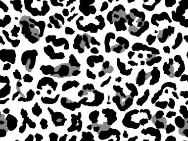 Kusursuz leopar kürkü deseni. Modaya uygun vahşi leopar desenli arka plan. Modern panter hayvan dokusu tekstil baskısı tasarımı. Siyah gri ve beyaz renkte bir vektör