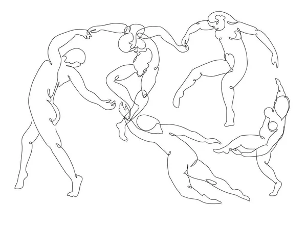 Folyamatos vonalrajz Matisse Dance remekmű impresszionizmus festészet ihlette. Fekete-fehér kézzel rajzolt vonal művészet. Absztrakt vázlat vektor illusztráció. — Stock Vector