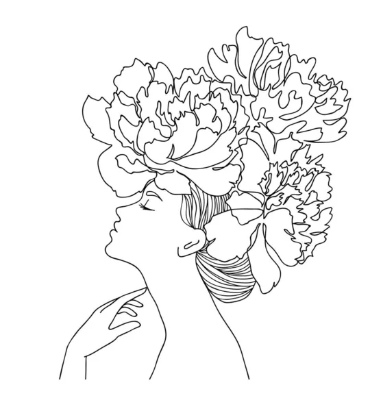 Perfil de mulher com flores de peónia no cabelo. Retrato conceito de beleza feminina. Desenho de linha contínua ilustração vetorial — Vetor de Stock