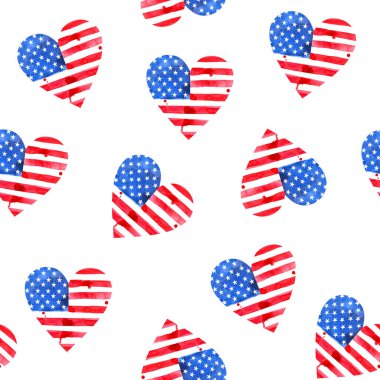 Amerika 'nın suluboya bayrağı kalp şeklinde. İşçi Bayramı. Vatanseverler Günü. Gaziler Günü. Kusursuz suluboya deseni. Hediye paketi ve kumaş tasarımı için baskı. Amerikan modeli. Yıldızlar, bayrak.