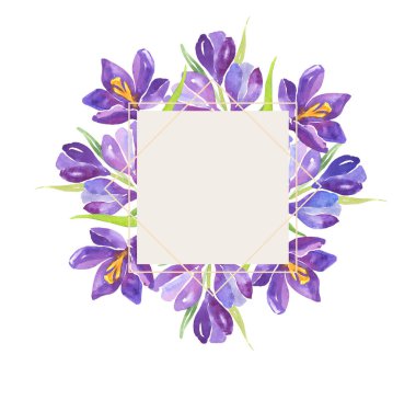 Suluboya çizimi. Mor kruvazörler, bahar çiçekleri. Suluboya çiçeklerin bileşimi. Kare. Düğün davetiyeleri. Kartpostal.