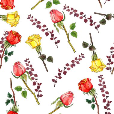 Kırmızı ve sarı güllerin suluboya izi. Kusursuz desen, kumaş baskısı, ambalaj kağıdı. Bahar suluboya çiçekleri.