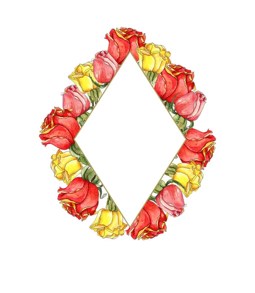 Акварельная Иллюстрация Алмазная Рамка Красными Желтыми Розовыми Розами Ботаническая Иллюстрация — стоковое фото