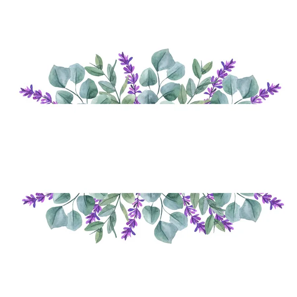 수채화 유칼립투스와 보라색 라벤더의 거침없는 디자인 템플릿 초대장이야 식물학적 화환이야 — 스톡 사진