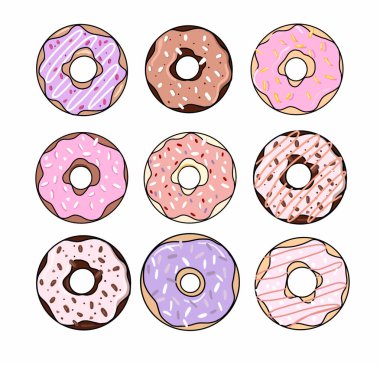 Beyaz arka planda çok renkli tatlı çörekler. Lezzetli hamur işleri. Şekerler, kafe menüsü, fırın, pastane. Yemek illüstrasyonu.