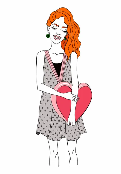 Módní Ilustrace Dívka Měděnými Vlasy Drží Rukou Červené Srdce Čáry — Stock fotografie