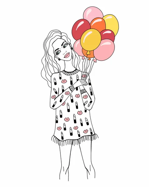 Mädchen Mit Bunten Luftballons Einem Niedlichen Kleid Lustige Urlaubskarte Illustration — Stockfoto