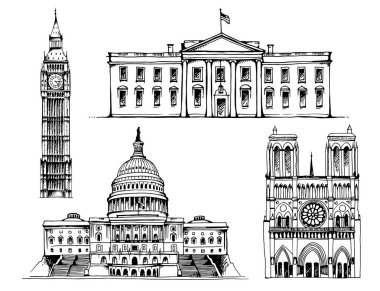 Elizabeth Kulesi (Big Ben), Beyaz Saray, Capitol Binası, Notre Dame de Paris Katedrali vektör çizim