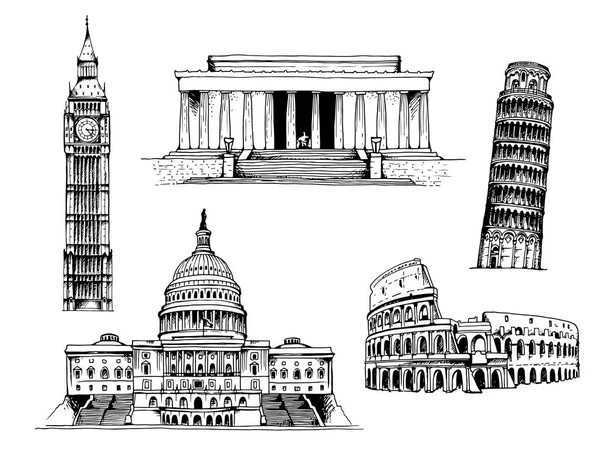 Elizabeth Tower (Big Ben), Lincoln Memorial, Tower of Pisa, Capitol Building, Coliseum vector illustration — Stock Vector