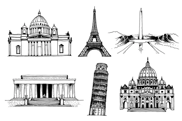 Cattedrale di Sant'Isacco, Torre Eiffel, Monumento a Washington, Lincoln Memorial, Torre di Pisa, San Pietro Basilica vettoriale illustrazione — Vettoriale Stock