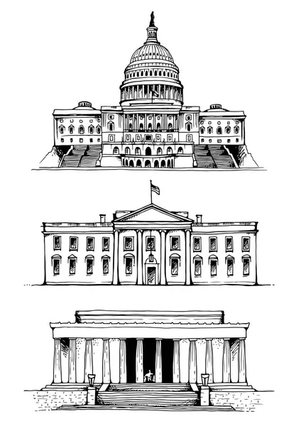 Stany Zjednoczone Kapitol, biały dom, Lincoln Memorial w Waszyngtonie ilustracja wektorowa — Wektor stockowy