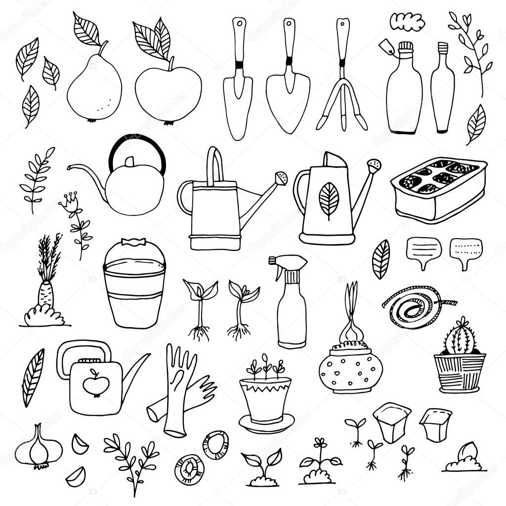 Gardening, horticulture vector set, equipment and tools