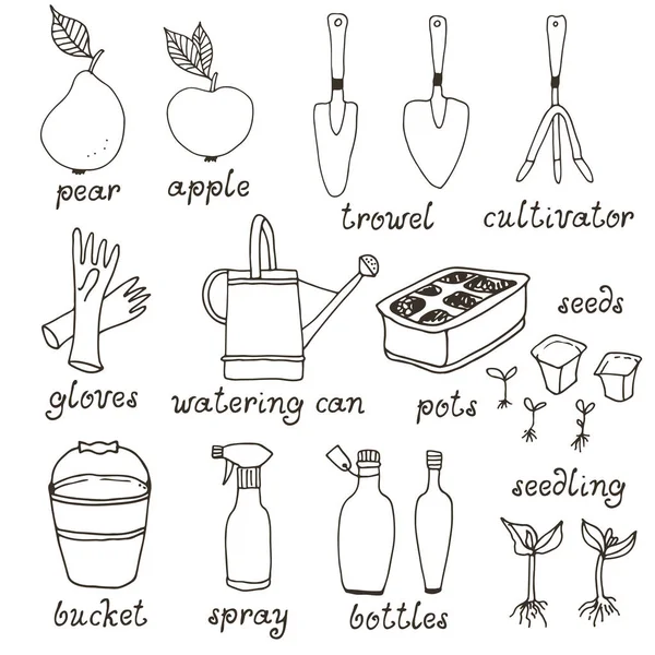 Gardening, horticulture vector set, equipment and tools — Stock Vector