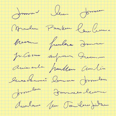 Tasarım belgeleri için soyut el yazısı imzalar, vektör okunamaz betiğe sahip bir sayfa, maket için kaligrafi