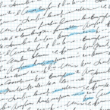 Handwritten abstract text with mistakes and misprints seamless pattern, vector monochrome script background, with scribbles and blots clipart