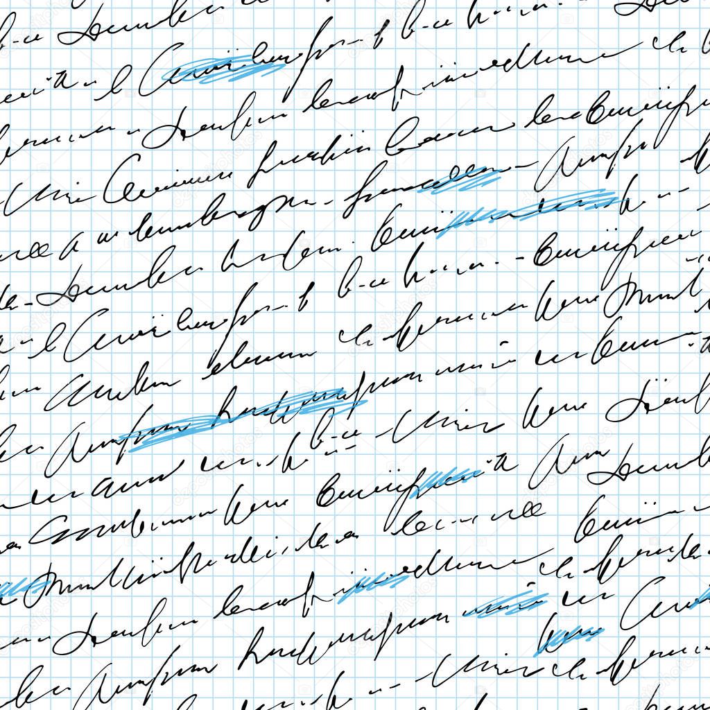 Handwritten abstract text with mistakes and misprints seamless pattern, vector monochrome script background, with scribbles and blots
