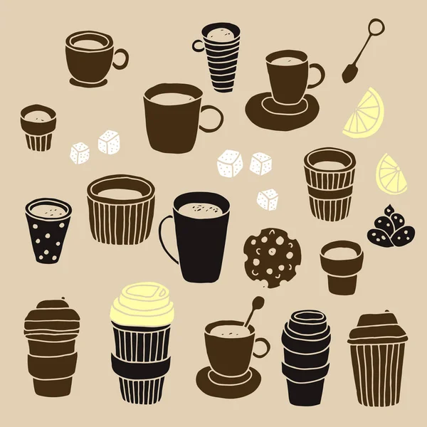 Theetijd Vector Set Koffiepauze Collectie Plastic Koffie Thee Kopjes Desserts — Stockvector