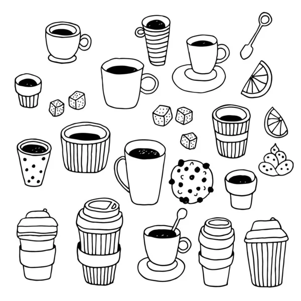 Theetijd Vector Collectie Koffiepauze Achtergrond Handgetekende Doodle Plastic Koffie Thee — Stockvector