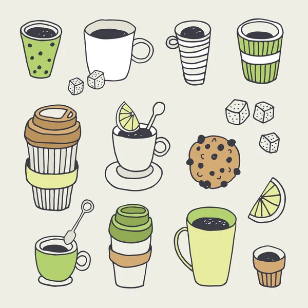 茶时间矢量收集 咖啡休息背景 手绘涂鸦塑料咖啡和茶杯设置甜点 薄荷分离的轻背景 — 图库矢量图片