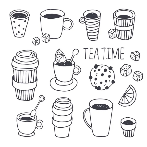 Tea Time Vector Collection Kaffeepause Hintergrund Handgezeichnete Doodle Kunststoff Kaffee — Stockvektor