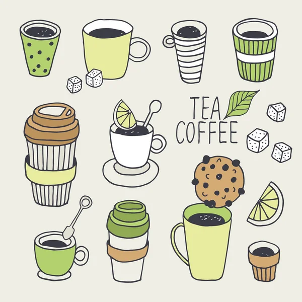 Čaj Čas Vektor Kolekce Přestávka Kávu Pozadí Ručně Kreslené Čmáranice — Stockový vektor