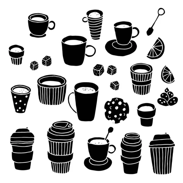 茶时间向量集 咖啡休息时间收集 塑料咖啡和茶杯 在白色背景下隔离 — 图库矢量图片