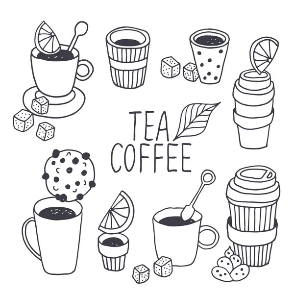 ティータイムベクトルコレクション コーヒーブレイクの背景 手描きのドードルプラスチックコーヒーとデザート レモン ミントを白の背景に隔離したティーカップ — ストックベクタ