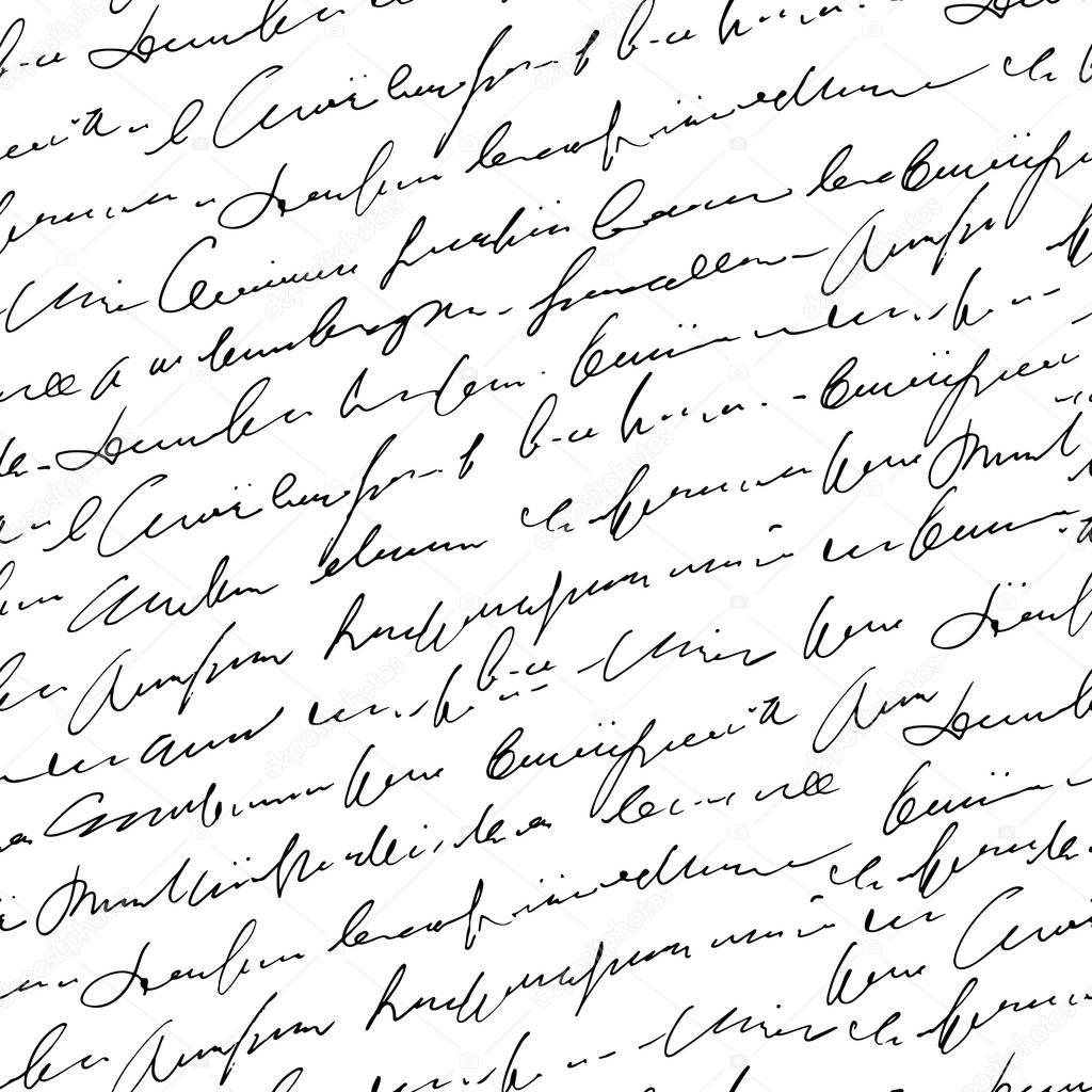 Handwritten abstract text seamless pattern, vector monochrome cursive script background