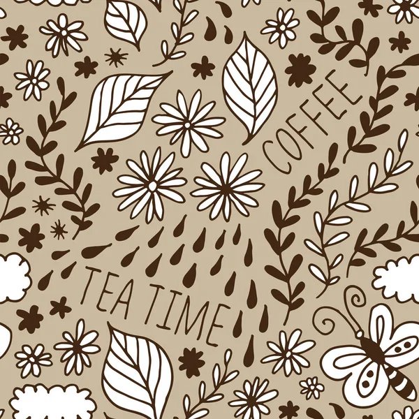 Bloemen Doodle Naadloze Vector Patroon Thee Tijd Bloemen Beige Achtergrond — Stockvector