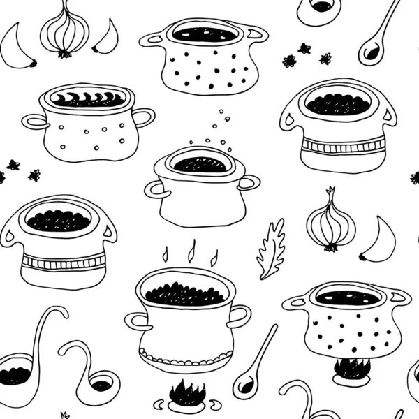 Cooking Pots Vector Seamless Pattern Doodle Style Isolated White Background — Stock Vector