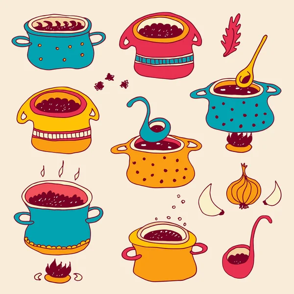 Cooking Pots Vector Set Isolated Beige Background Kitchen Cookware Hand — ストックベクタ