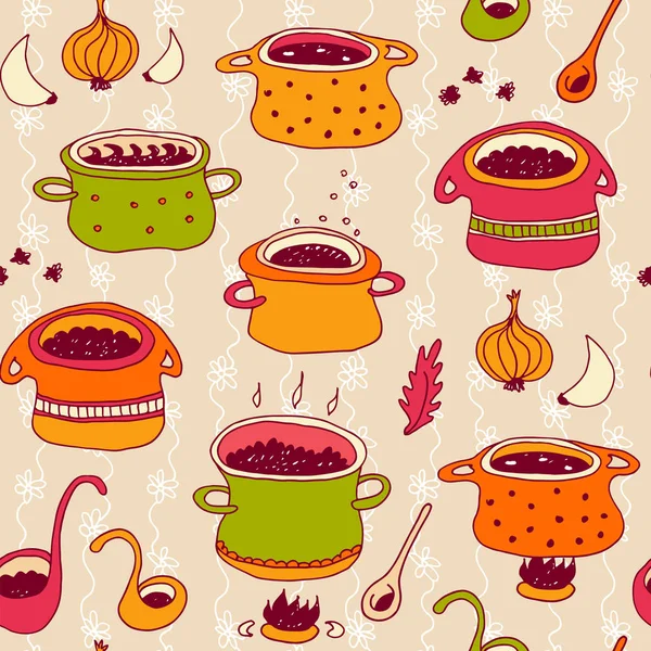 Pots Cuisson Vectoriel Motif Sans Couture Dans Style Doodle Isolé — Image vectorielle