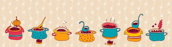 Conjunto Vectorial Ollas Cocina Aislado Sobre Fondo Floral Beige Utensilios — Vector de stock