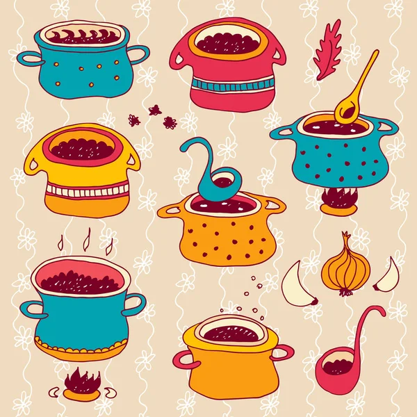 Cooking Pots Vector Set Isolated Beige Floral Background Kitchen Cookware — ストックベクタ