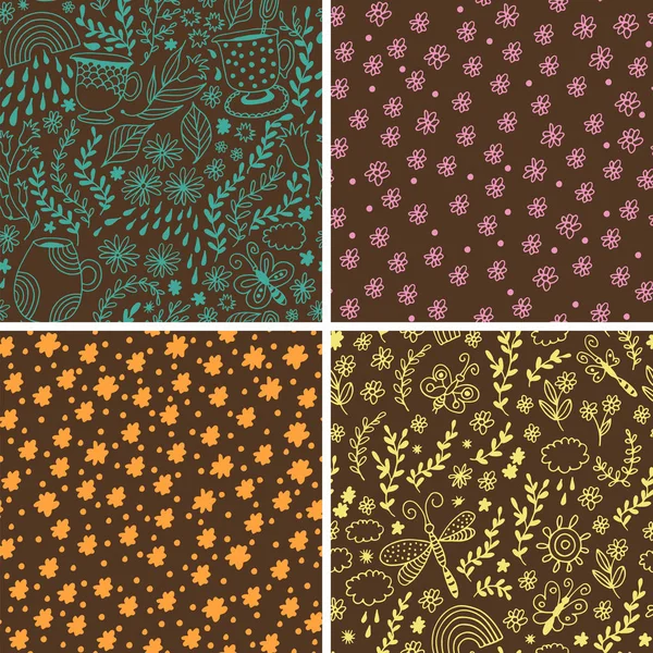 Seamless Flowers Patterns Set Floral Vector Background Baby Cartoon Doodle — Stock Vector