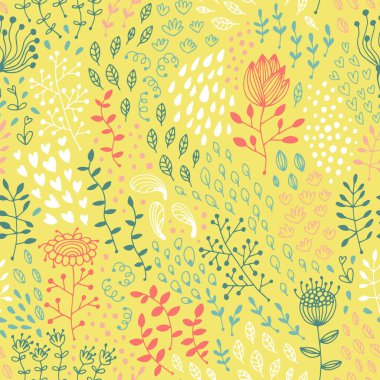 Kusursuz çiçek ve yaprak deseni, çiçekli vektör arkaplanı, bebek karikatür deseni, tekstil için sonsuz doku.