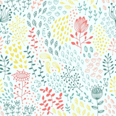 Kusursuz çiçek ve yaprak deseni, çiçekli vektör arkaplanı, bebek karikatür deseni, tekstil için sonsuz doku.