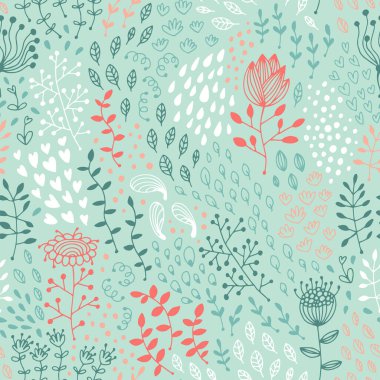 Kusursuz çiçek ve yaprak deseni, çiçekli vektör arkaplanı, bebek karikatür deseni, tekstil için sonsuz doku.
