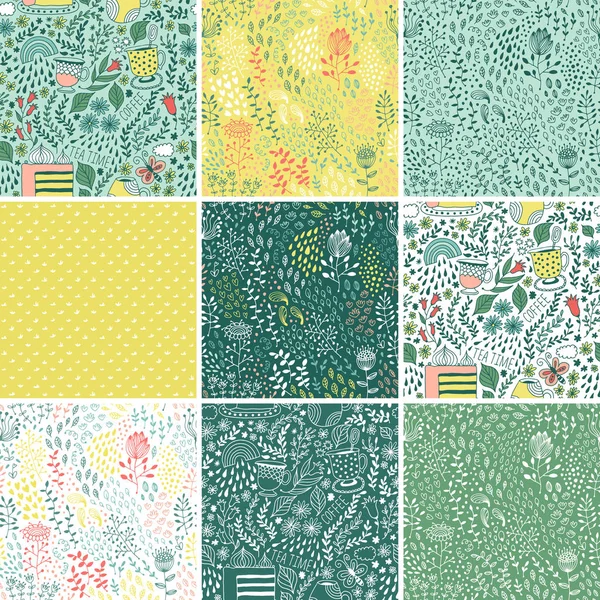 Seamless Flowers Leafs Patterns Set Floral Vector Background Baby Cartoon — 스톡 벡터