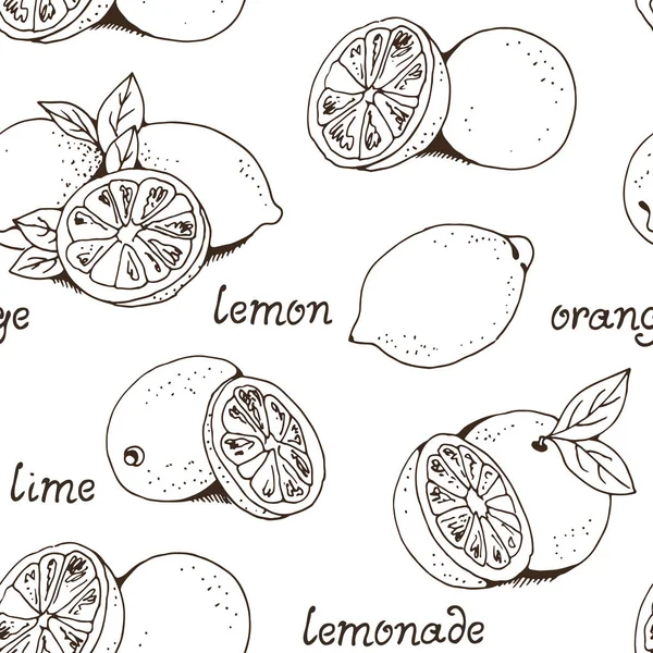 Limoni Arance Frutta Vettore Modello Senza Soluzione Continuità Agrumi Disegnati — Vettoriale Stock