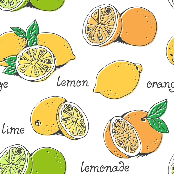 Lemons Oranges Fruit Vector Seamless Pattern Hand Drawn Citruses Isolated — 스톡 벡터