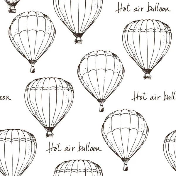 Hot Air Balloons Vector Seamless Pattern Hand Drawn Aerostat Text — Stock Vector