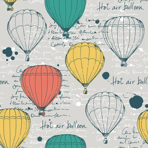 Hete Lucht Ballonnen Vector Naadloos Patroon Met Hand Getekend Aerostaat — Stockvector