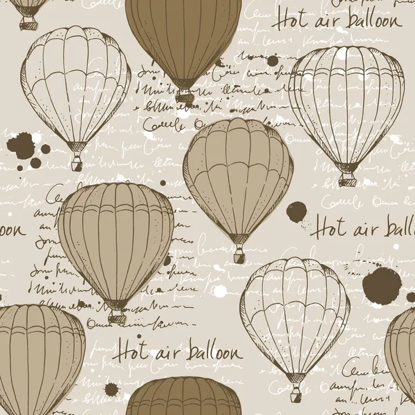 热气球复古图案 老式矢量背景 带有文字和米色背景斑点的手绘气垫 — 图库矢量图片
