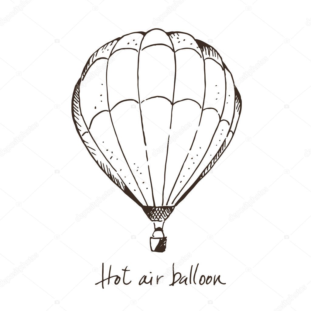 Hot air ballon hand drawn vector illustration, isolated on white background with text