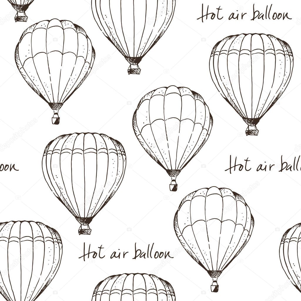 Hot air balloons vector seamless pattern, hand drawn aerostat with text isolated on white background