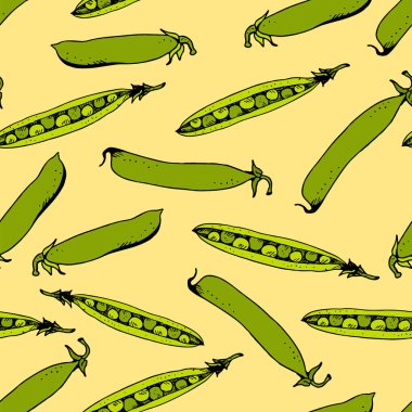 Yeşil bezelye pürüzsüz desen, el çizimi vektör çizimi ve sarı arkaplanda izole edilmiş karalama çiçekleri.
