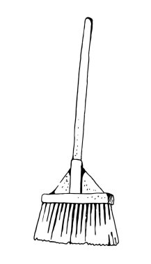 Zemin plastik süpürge, beyaz arkaplanda izole edilmiş temizlik bahçe fırçasının el çizimi vektör çizimi